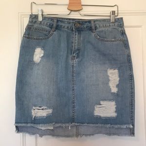 High wasted distressed jean pencil skirt